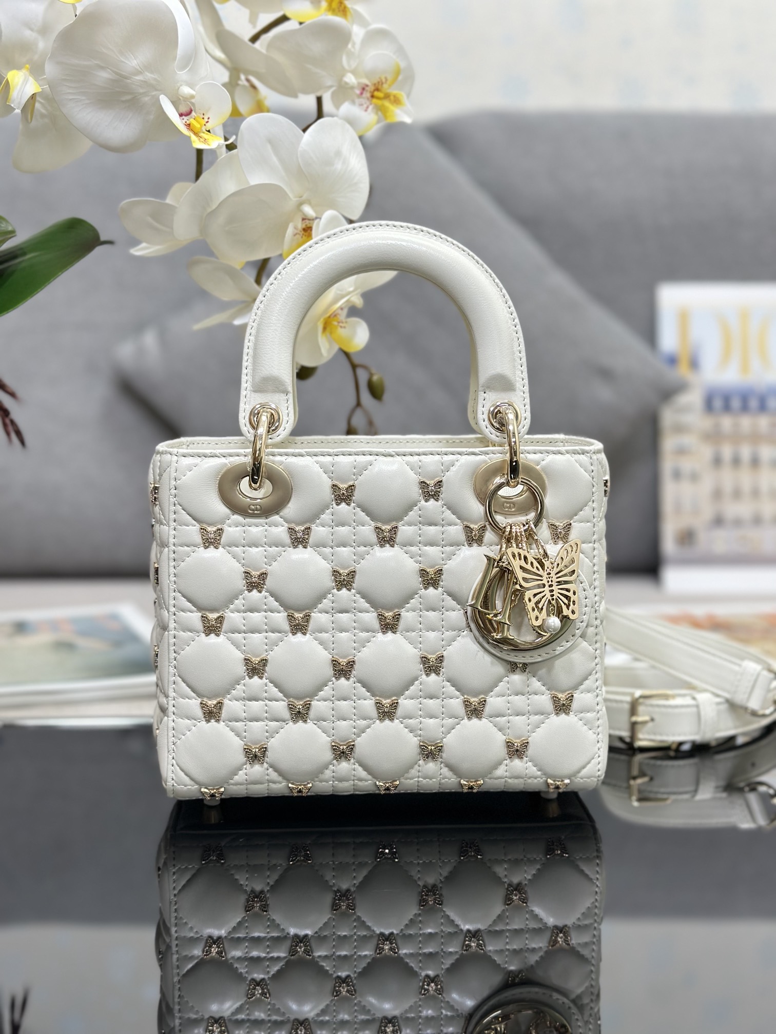 Small Lady Dior Bag White Lambskin with Butterfly Nail